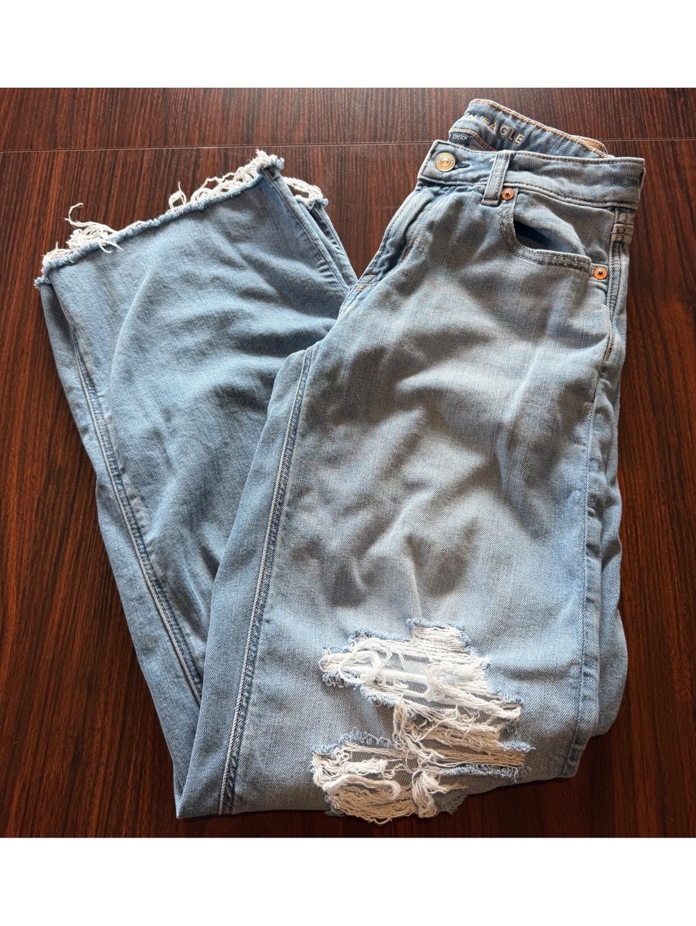 American Eagle Distressed Ripped Raw Hem Stretch Wide Leg Jeans Size 000